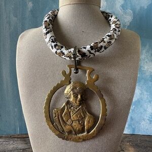 Chunky Beaded Rope Necklace with Brass Medallion Pendant